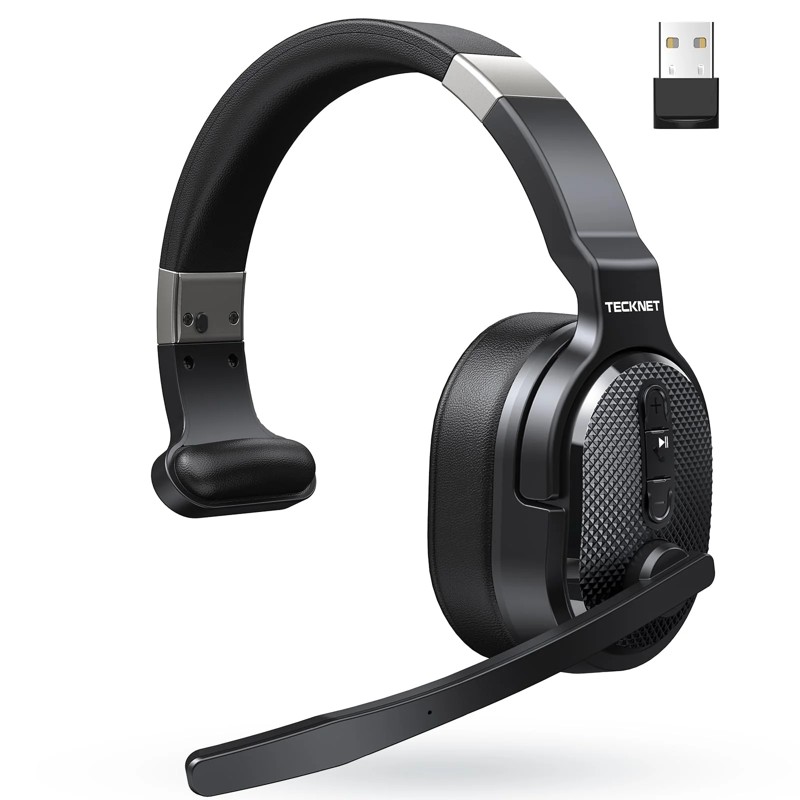 TECKNET Trucker Bluetooth Headset, Stable V5.2 & USB Dongle Connection, 70h Wireless Bluetooth Headsets with Mic and Mute, ENC Noise Canceling, Headset for Truck Drivers, Cell Phone, PC Comfort Office Black - Non removable