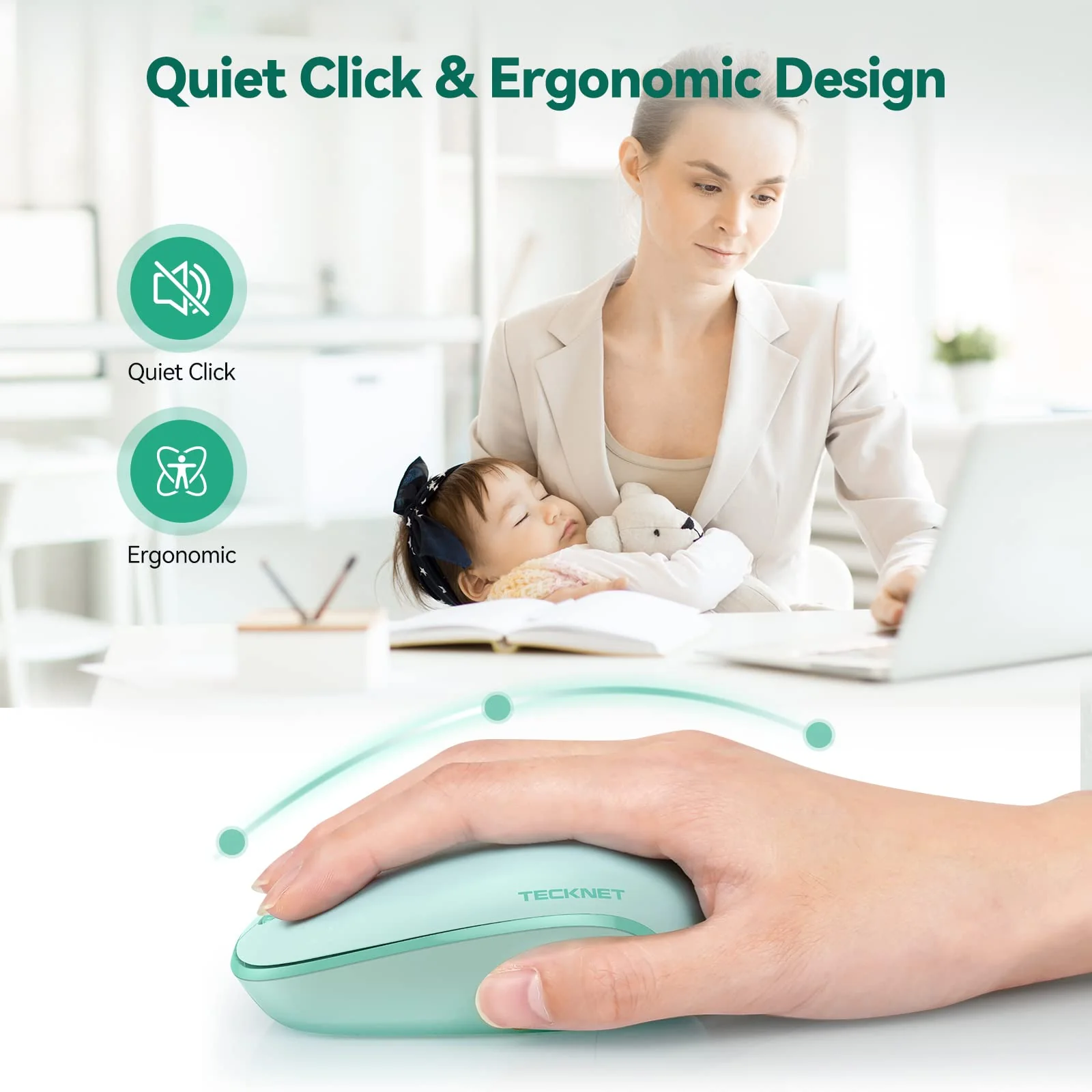 TECKNET Wireless Mouse for Laptop, 2.4G Quiet Computer Mouse with USB Receiver, 4 Buttons Portable Cordless Mice for Chromebook, Laptop, PC, Mac, 800/1200/1600 DPI - Mint Green - Image 4