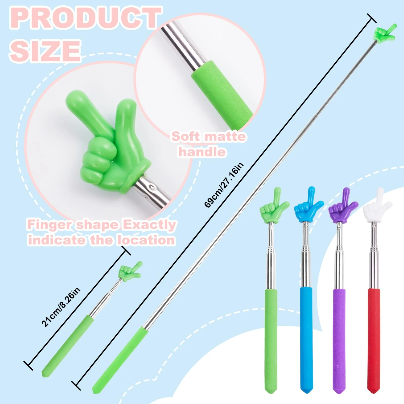Telescopic Teacher Pointer Stick,4Pcs Mini Finger Pointer Stick,Retractable Teacher Pointer Stick forElementary School Kindergarten Teacher Teacher Supplies (A- Black,red,Blue,Purple) A- Black,red,blue,purple - Image 2