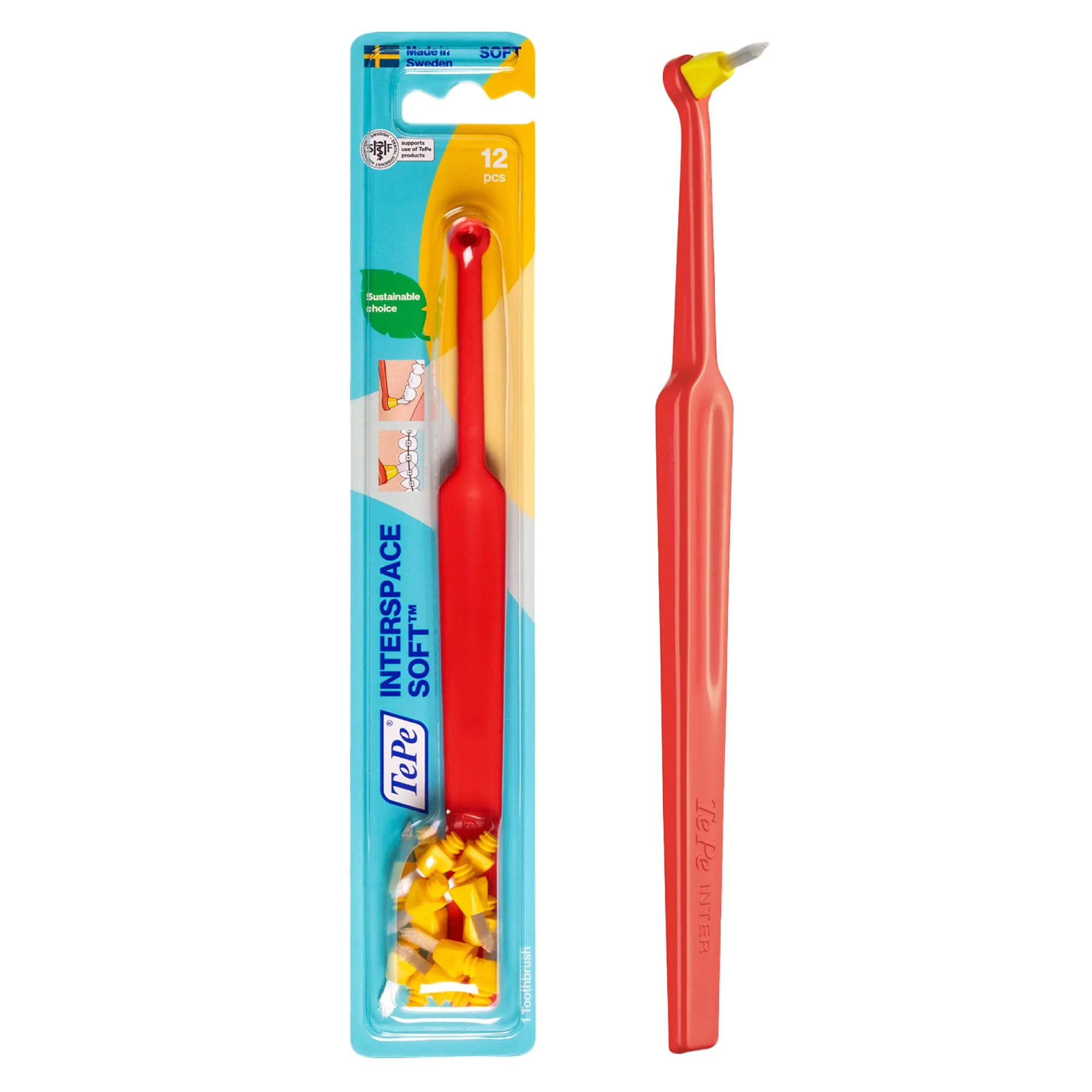 TePe Interspace Angled Soft Toothbrush for Braces with Single-End Tuft and Removable Head, 12 Pack