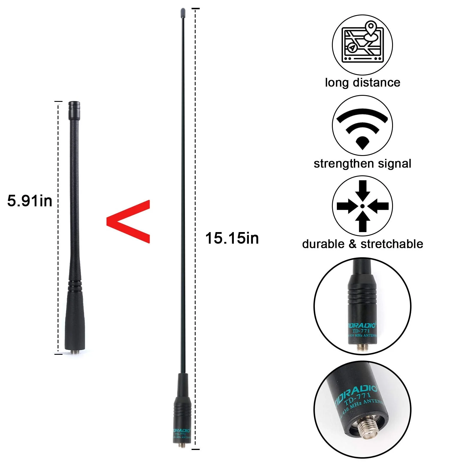 TIDRADIO TD-771 GMRS Antenna(2 Pack, 462-468Mhz) for TD-H8, TD-H3 UV-5G Plus, GM15 Pro, UV-5R,UV-5G (UV-5X),UV-9G GMRS Radios Walkie Talkie, SMA-F 2Pack (TD-771 15.15" UHF(GMRS Fr)) - Image 2