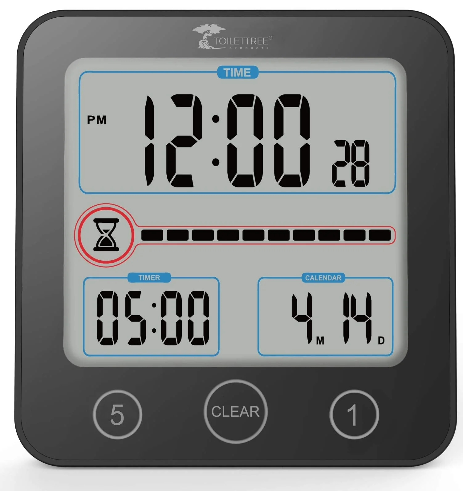 ToiletTree Products Digital Bathroom Shower Clock with Alarm & Large LCD Display – Waterproof, Humidity & Moisture Resistant – Clocks for Bath & Kitchen Black