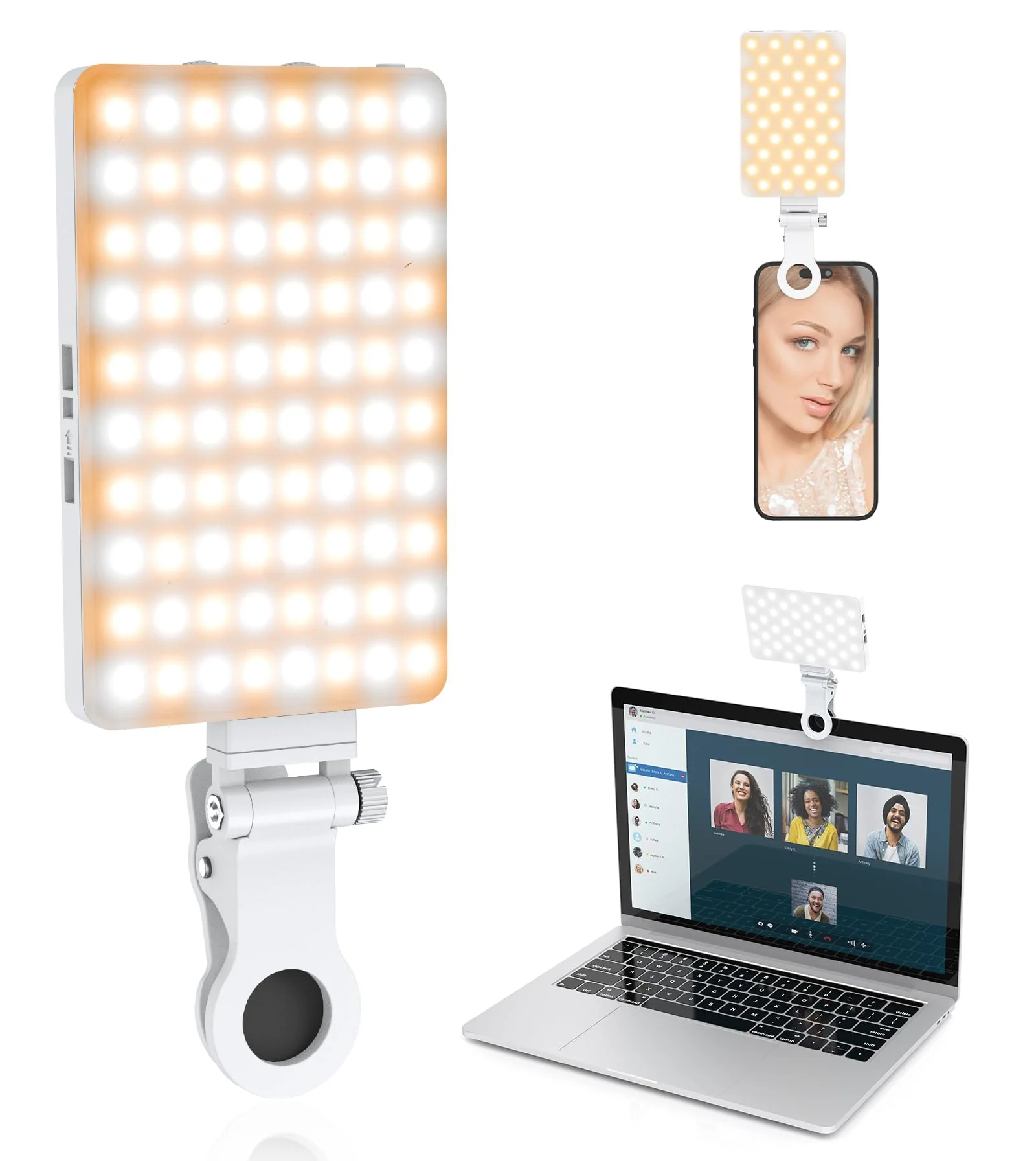 TONEOF 80 LED Portable Selfie Light,Rechargeable Phone Light with Clip,3 Light Modes 2000mAh Video Fill Light,Lighting for Video Recording, Makeup,Live Streaming,Vlog,Tablet/Laptop/Webcam White