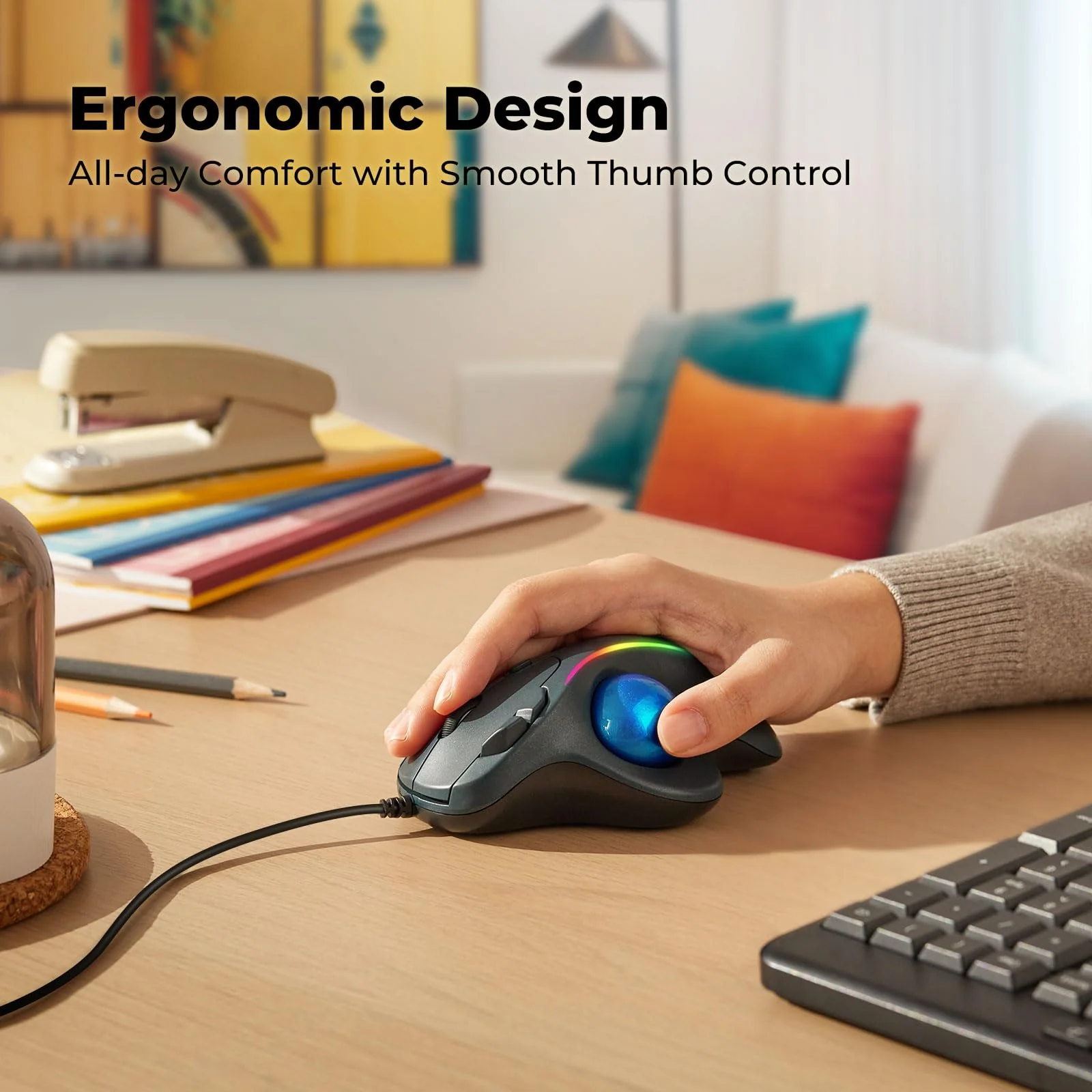 Trackball Mouse Wired, Ergonomic Comfort Design Reduces Muscle Strain, USB Plug&Play, Easy Thumb Control, Precision Tracking with 5 Adjustable DPI, RGB Rollerball Mouse Compatible for PC, Mac, Windows A-Blue - Image 2