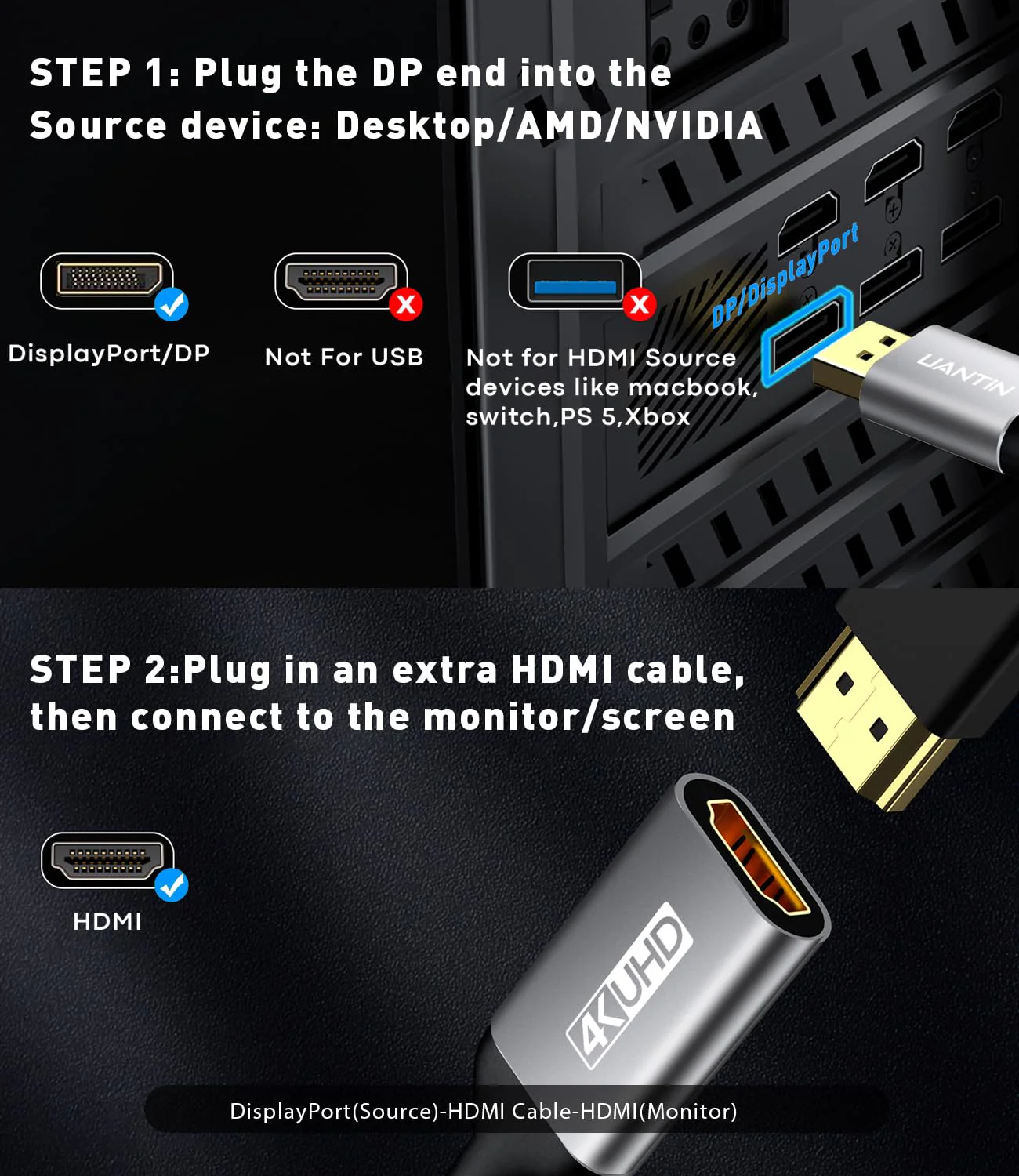 UANTIN 5-Pack Display Port to HDMI 4K Adapter | Braided DP DisplayPort Male to HDMI Female Uni-Directional Converter for PC Dell HP AMD NVIDIA Laptop HDTV Monitor and Other Passive 5 Pack - Image 4
