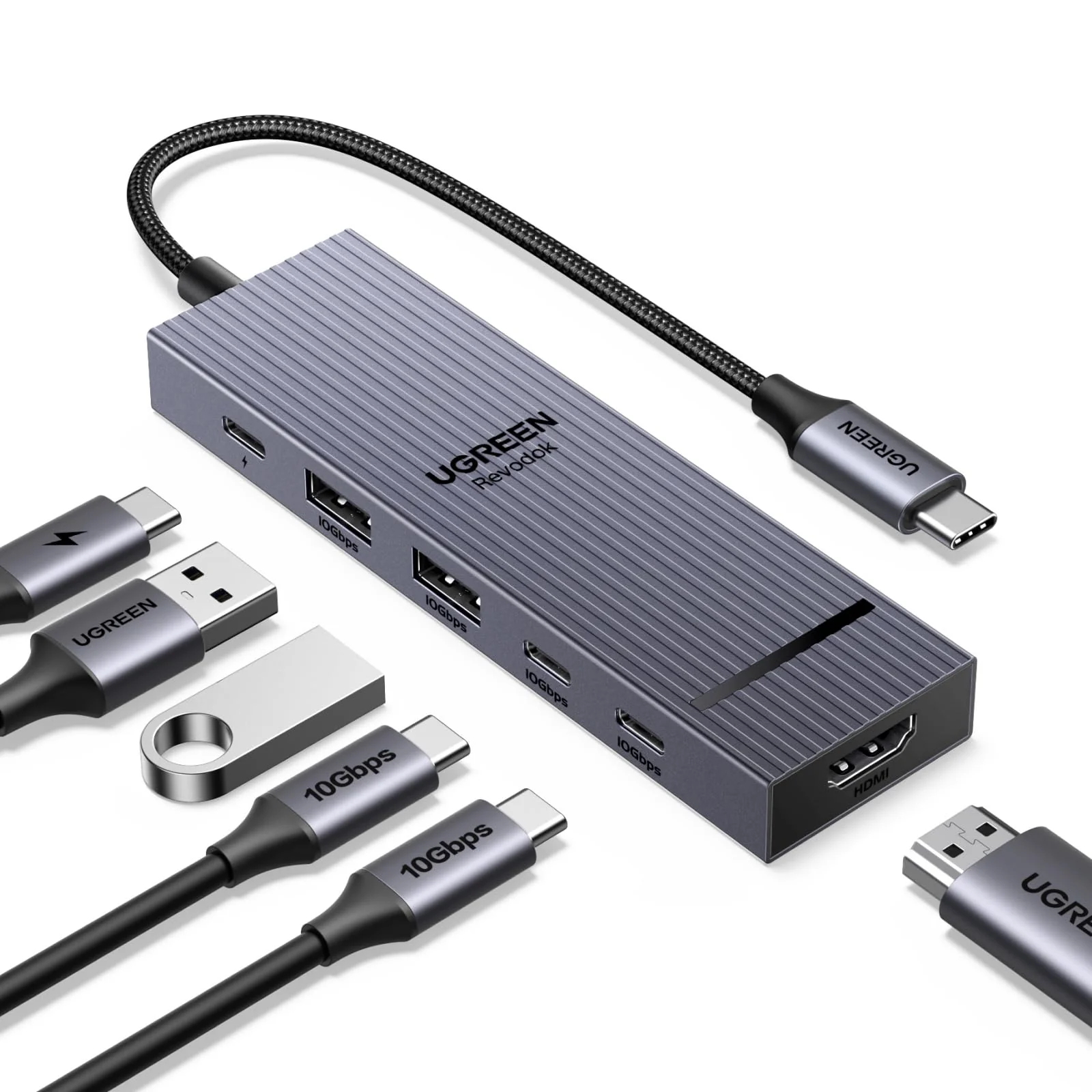 UGREEN Revodok Pro USB-C Hub 6 in 1 10Gbps USB C 3.2 & USB-A 3.2 4K 60Hz HDMI, 100W Power Delivery for MacBook Pro/Air, iPad Pro, Thinkpad Rog Ally and More.
