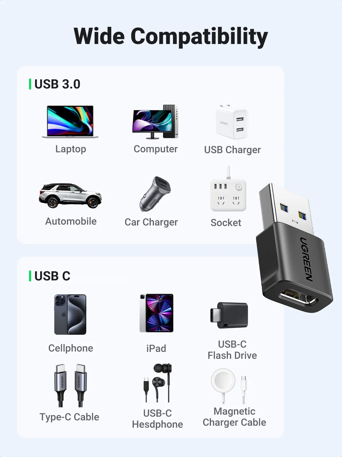 UGREEN USB to USB C Adapter 3Pack, 10Gbps USB C Female to USB 3.0 Male Adapter Type C Charge Converter for iPhone 14 13 Plus Pro Max,Apple Watch 7 8 9,Samsung Galaxy S23 S24,Pad Air,Black - Image 4