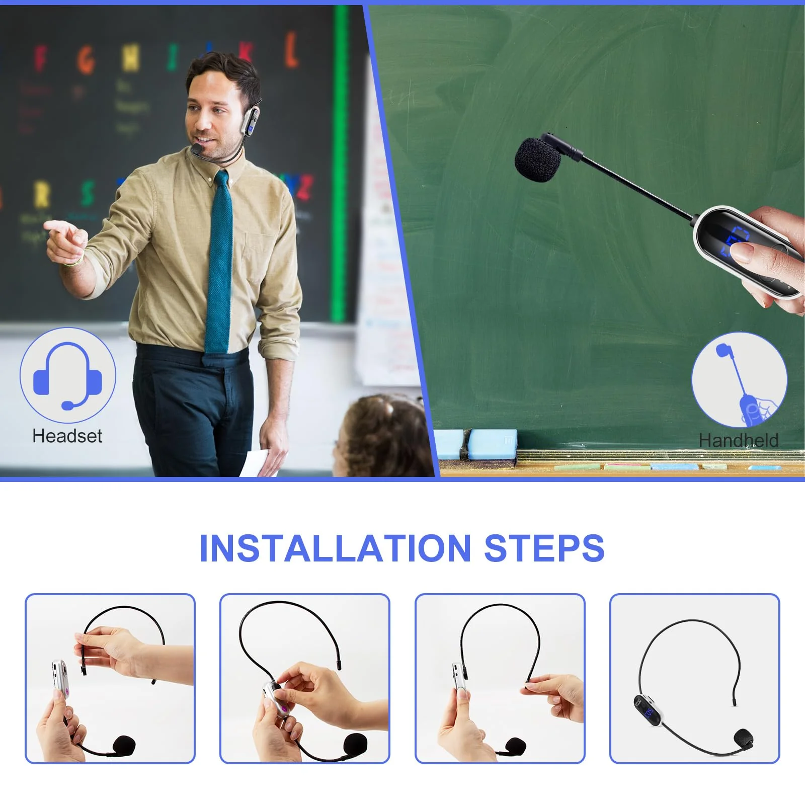 UHF Wireless Headset Microphone System: Mic Headset - LED Digital Display, Head Handheld Mic 2 in 1, Working Time 6H, 165 ft Range Mics for Voice Amplifier, Tour Guide, Teaching, Fitness, PA System Black1 - Image 3