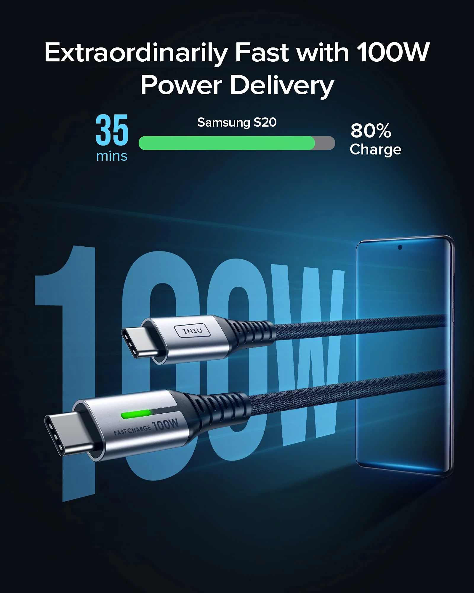 USB C Cable, INIU 100W PD 5A QC 4.0 Fast Charging USB C to USB C Cable, (2-Pack 6.6ft+6.6ft) Nylon Braided Type C Data Cable for Samsung S20+ S10 Note 10 iPad Pro MacBook Pro Google Pixel etc - Image 2