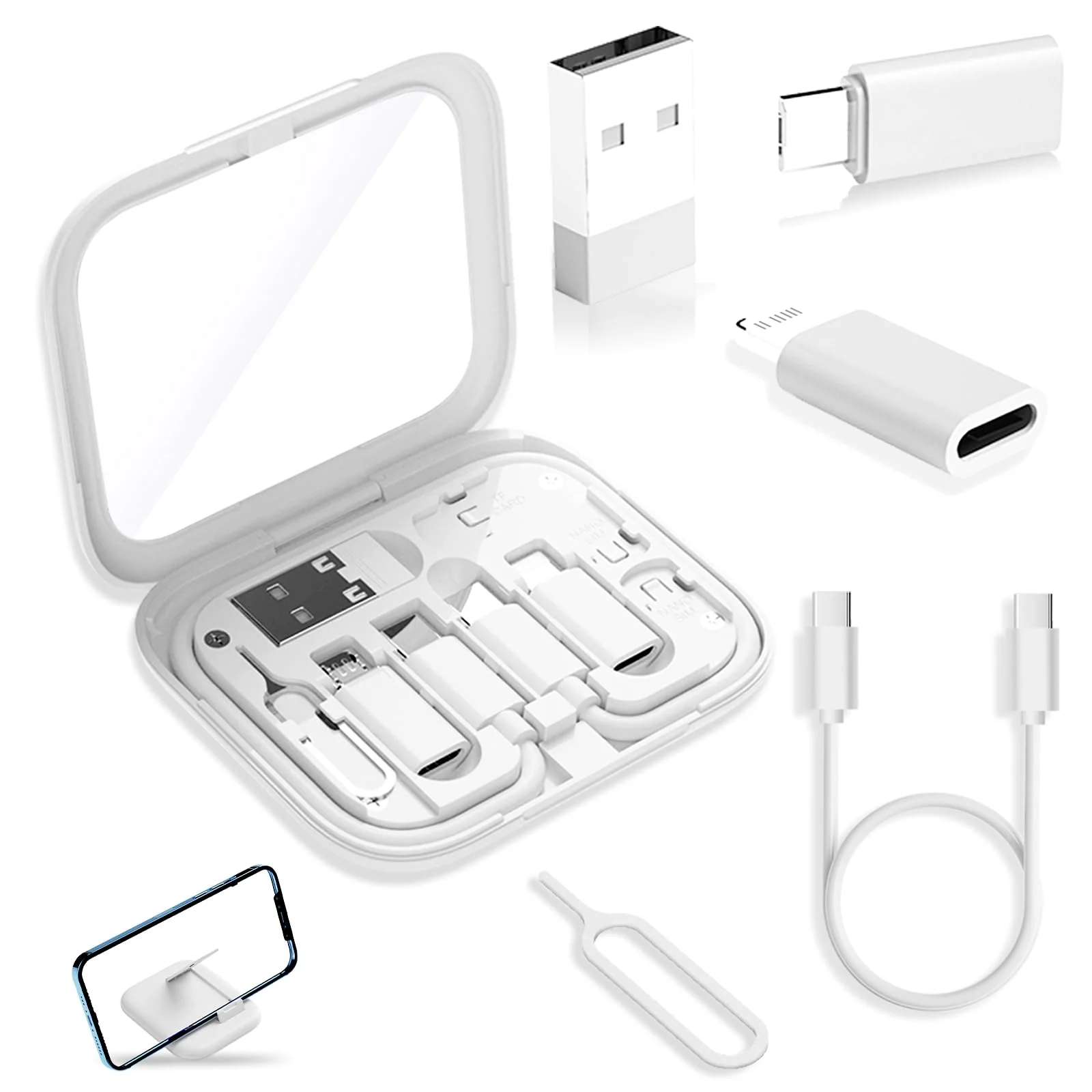 USB-C to USB Adapter, USB C Male Cable Box Contains Makeup Mirror/USB C Cable/Micro USB to USB C/USB A to USB C, Cell Phone OTG Adapters for iPhone 14/15, Google Pixel, Samsung Galaxy White