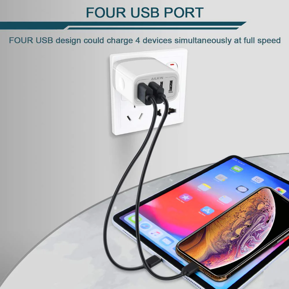 USB Charger Cube, Wall Charger Plug, AILKIN 4.8A 4-Muti Port USB Adapter Power Plug Charging Station Box Base Replacement for iPhone 15 14 13 12 11 Pro Max/X/8, iPad, Samsung Phones USB Charging Block White 1 - Image 5