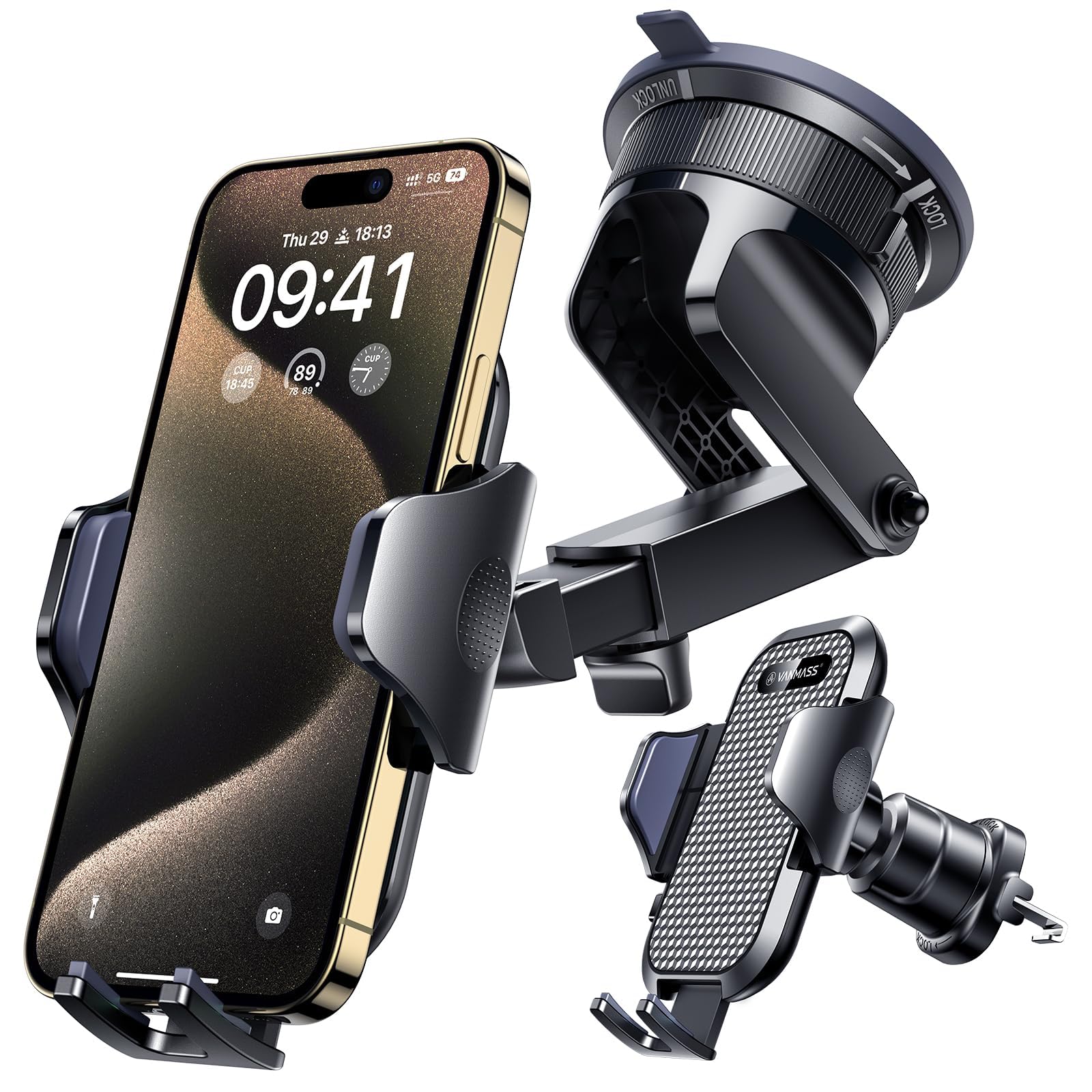 VANMASS Car Phone Holder [Upgraded Strongest Suction & Clip] Cell Phone Mount for Dashboard Windshield Vent Wall,Truck Cradle Stand for iPhone 17 Pro Max 16 15 14 13 12 11 SE Samsung S26 Android,Black Black
