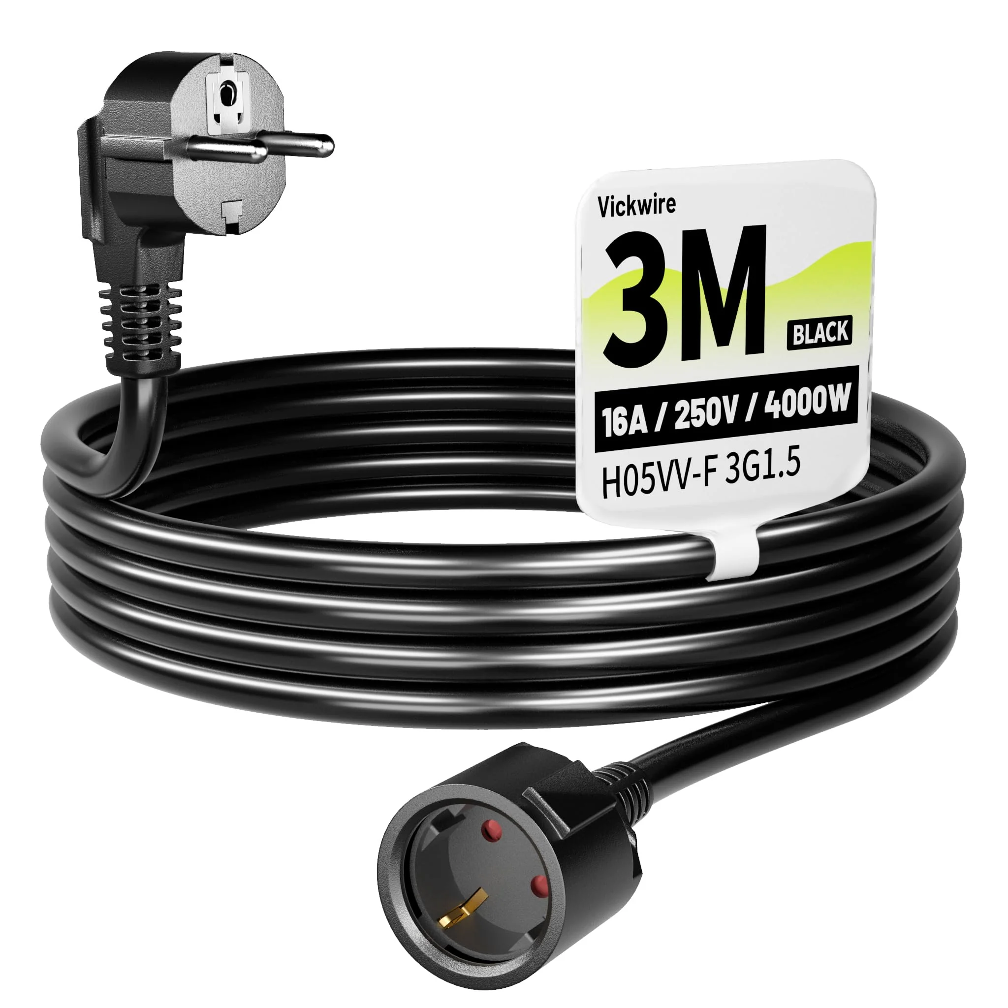 Vickwire H05VV-F 3G1.5 mm² Extension Cable 3 m Cable Extensions with Protective Contact Plug Schuko Extension 16 A/250 V Black 3m