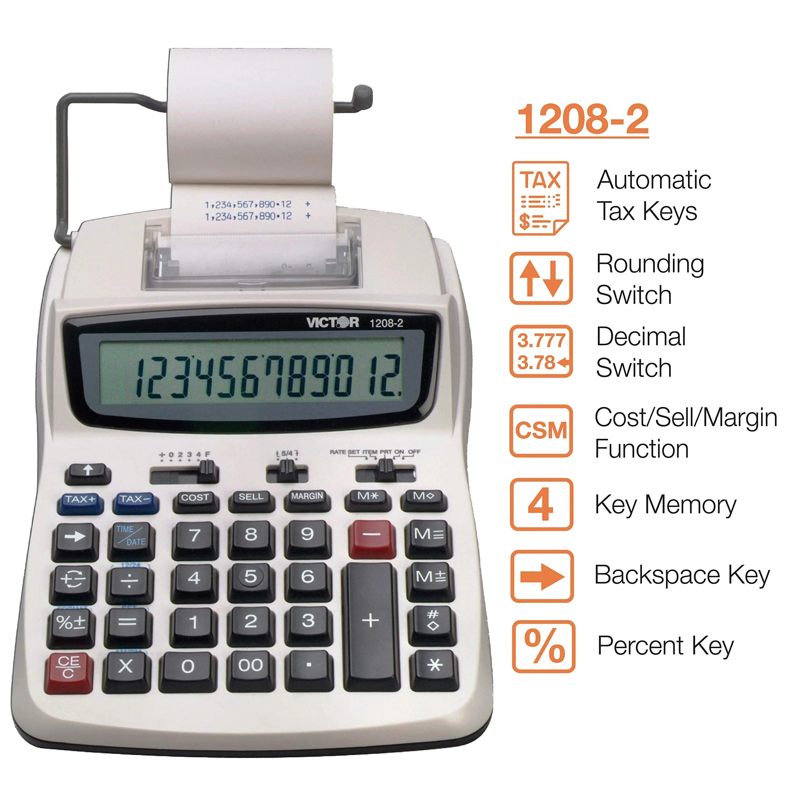 Victor Printing Calculator, 1208-2 Compact and Reliable Adding Machine with 12 Digit LCD Display, Battery or AC Powered, Includes Adapter,White 1.5" x 6" x 7.5" - Image 2