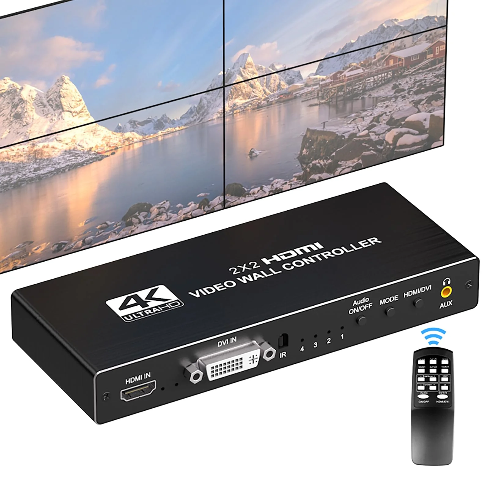 Video Wall Controller 2x2 4k, HDMI TV Video Wall Processor,4 tv Screens into 1 Wall Display with 180 Degree Rotate,Multiple tv Screens one Picture, 8 Splicing Modes 2x2,1x2,1x3,1x4,2x1,3x1,4x1