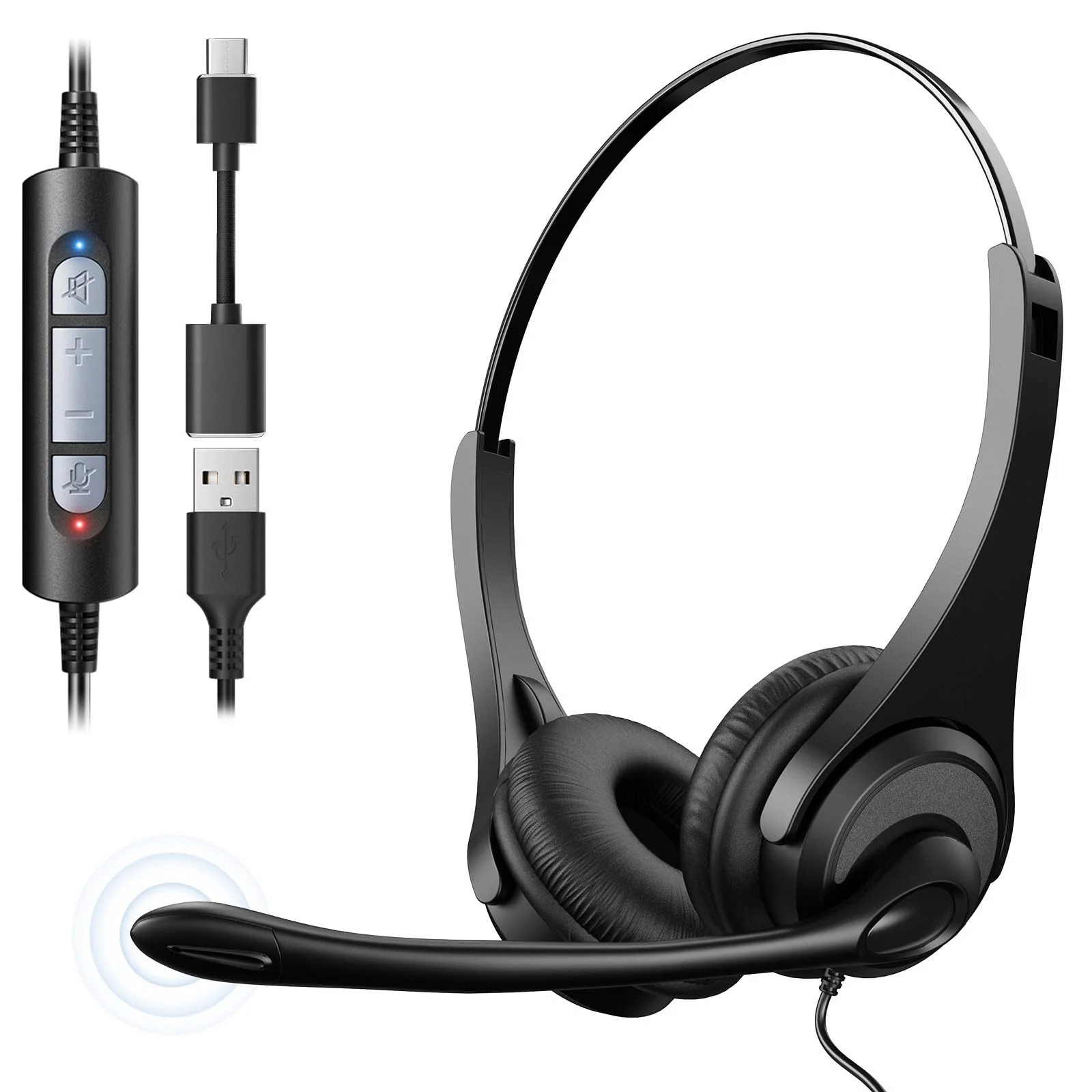 Voistek USB Headset with Microphone,Wired On Ear Computer Headphones with Noise Cancelling Microphone for Laptop PC,in-line Control for Work, Office, Teams, Zoom, Skype, Online Class Dual Ear