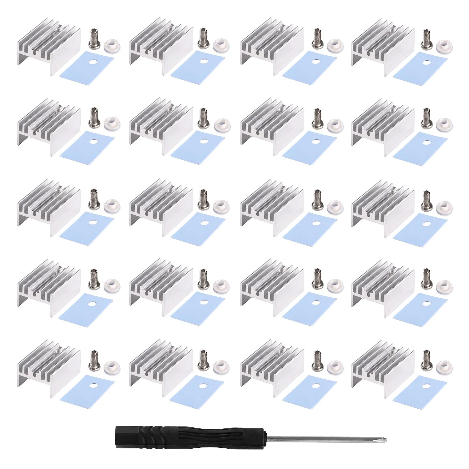 VooGenzek 20 Pieces TO-220 Heatsink and Insulator/Mounting Kits, Heatsink + Screw + Washer + Insulator Rubberised Silicone for TO-220 MOSFET Transistor, 20 x 15 x 10 mm Without needle