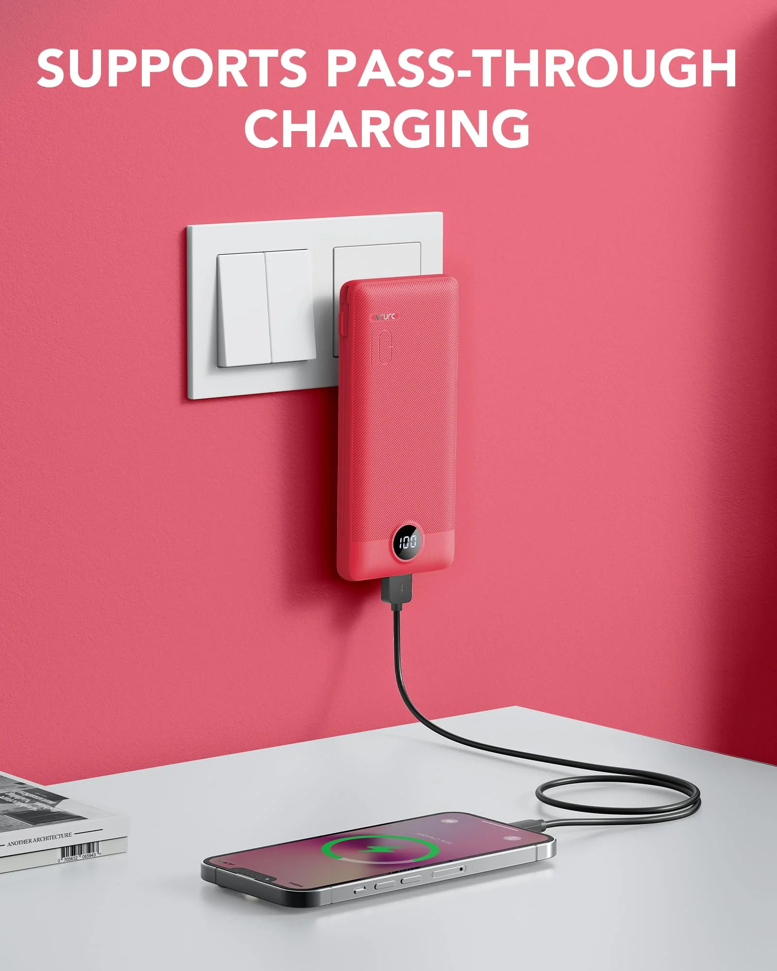 VRURC Portable Charger Built-in Cables and AC Wall Plug, USB C Power Bank 10000mAh, [2023 Upgraded Version] Phone Charger Compact Lightweight External Battery Pack for Smart Phones, Tablets etc-Red Red - Image 2