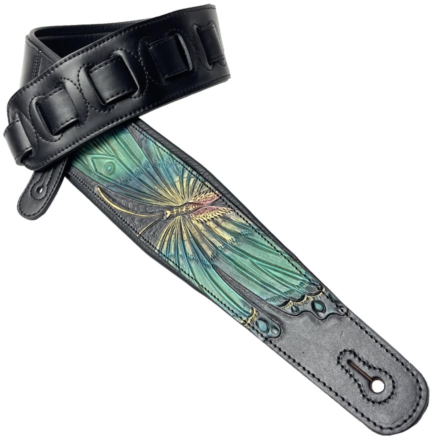 Walker And Williams KB-57 Handmade Large Vivid Blue Butterfly Padded Guitar Strap Hand Carved On Premium Black Carving Leather For Acoustic, Electric, And Bass Guitars