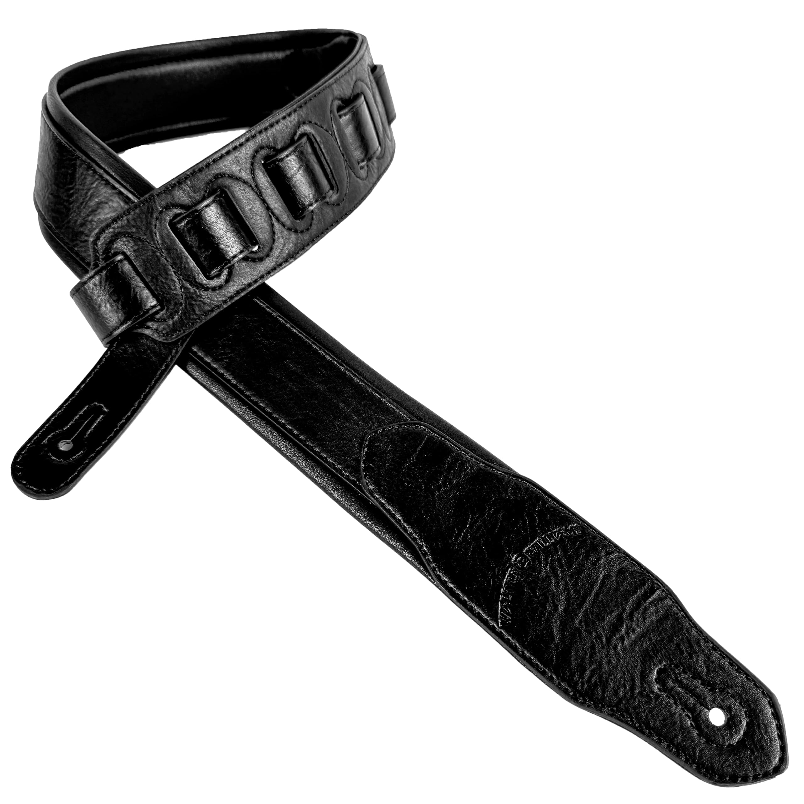 Walker & Williams G-105 Black on Black 2' Wide Guitar Strap with Padded Glove Leather Back For Acoustic, Electric, And Bass Guitars