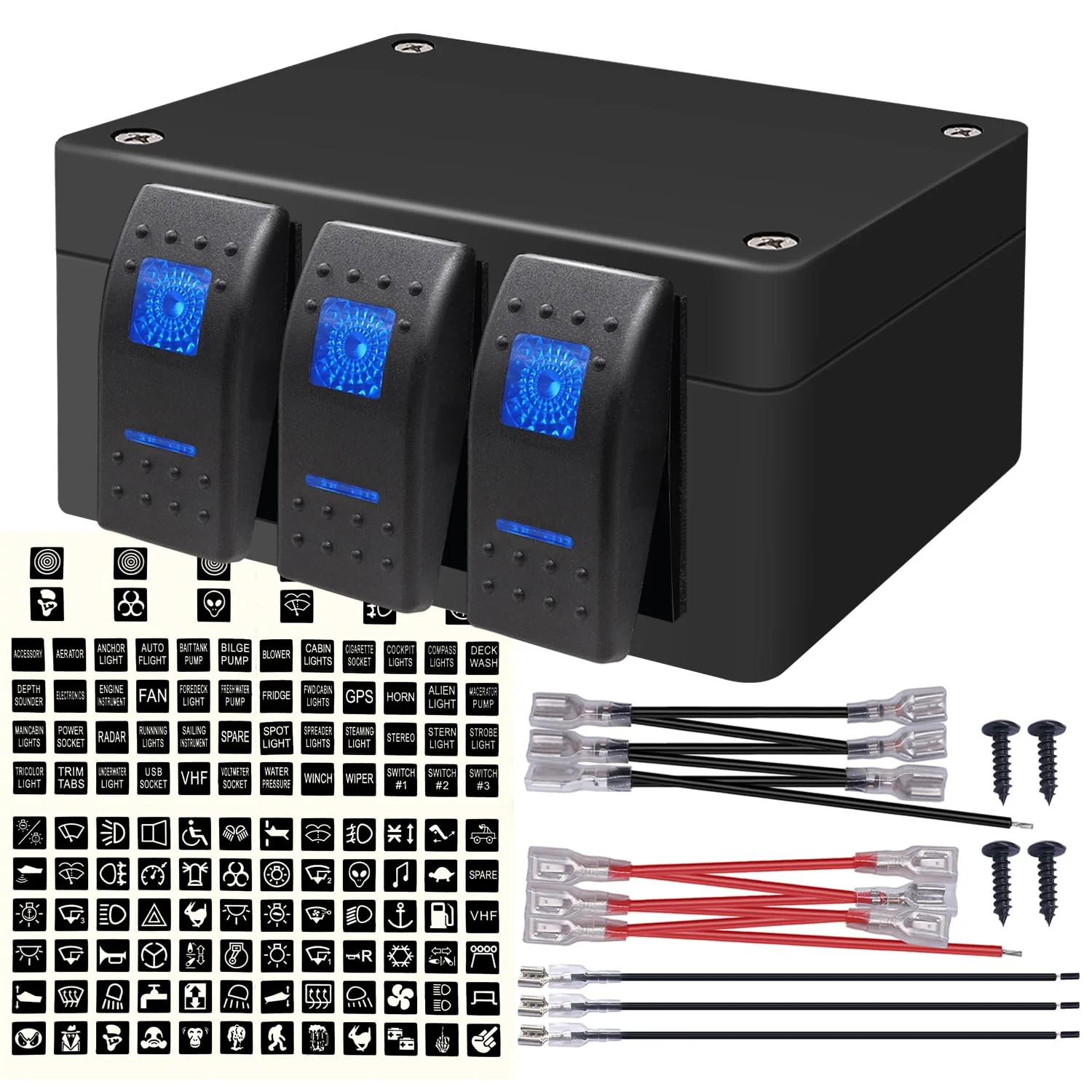 weideer 3 Gang Rocker Switch Box Blue LED 12V 24V DC Rocker Switch Panel with Night Glow Stickers for Car Trucks Boats RVs A (Any three combinations)