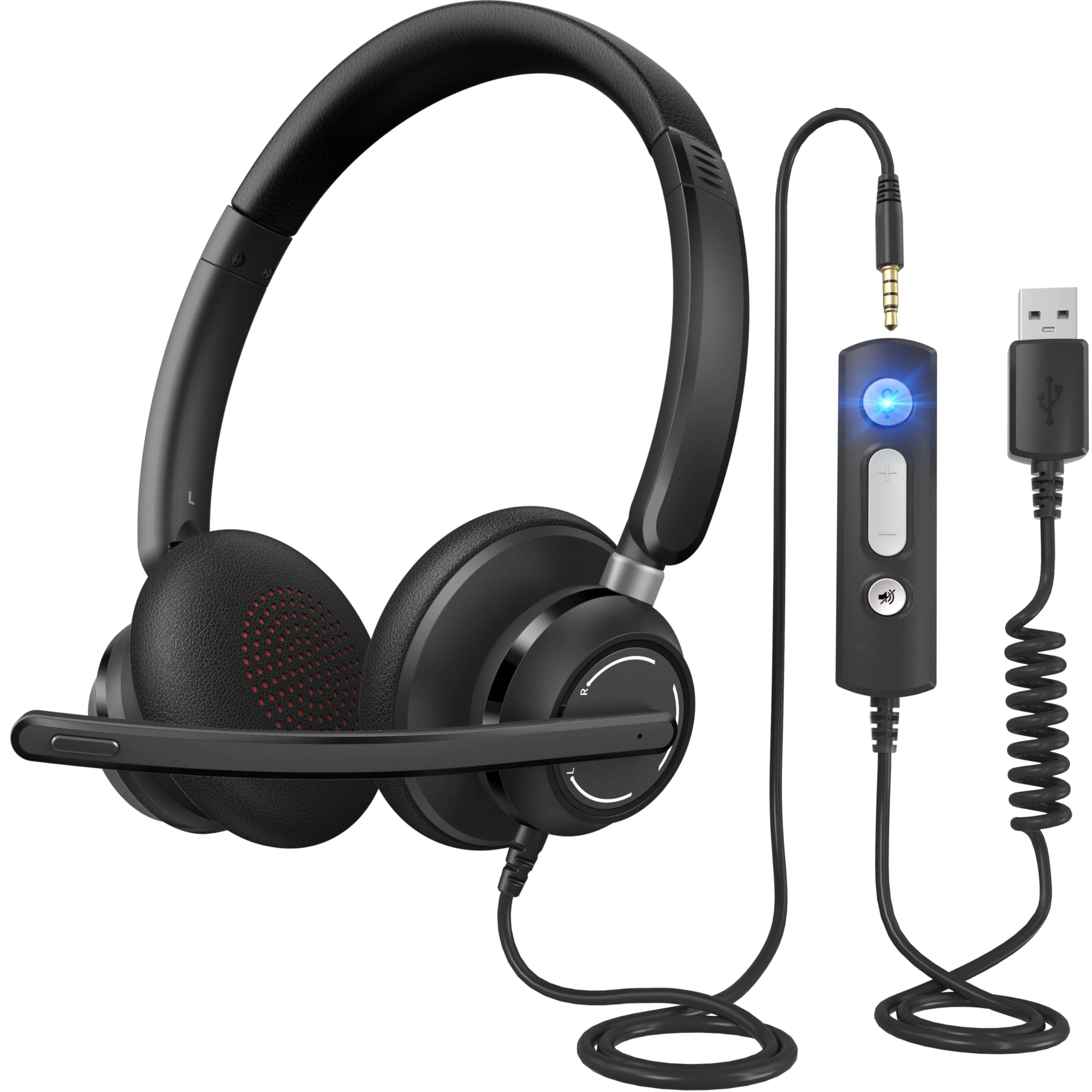 Wired Headphones with Microphone for PC, On-Ear Computer Laptop USB Headset with Noise Cancelling Microphone in-line Control for Home Office Online Class Skype Zoom, (3.5mm + USB) 1 Count