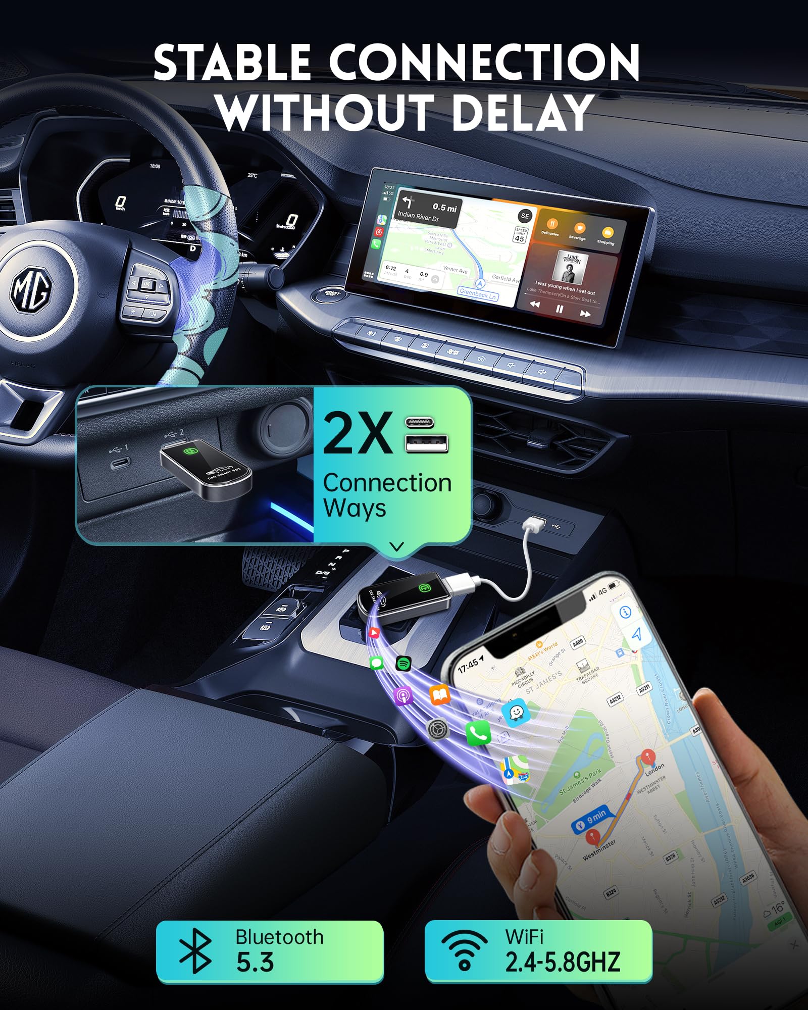 Wireless CarPlay Adapter- Mini Edition, Converts Factory Wired to Wireless CarPlay Dongle Plug & Play CarPlay Wireless Adapter for Apple iPhone iOS 10+ & Cars from 2015+(Brushed Cobalt Blue) Brushed Cobalt Blue - Image 6