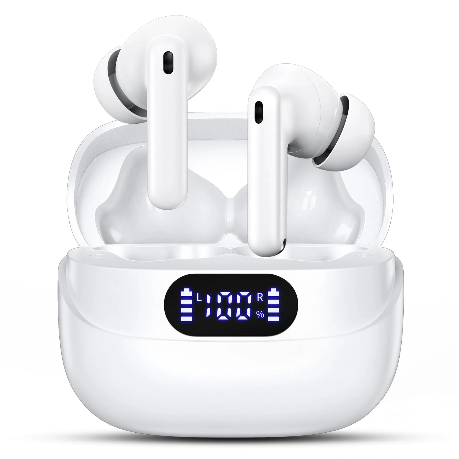 Wireless Earbuds, 42H Playtime Bluetooth 5.3 Headphones, HIFI Stereo Call Noise Cancelling Earbuds, IPX7 Waterproof Stereo in-Ear Earphones with LED Display for IOS Android Cell Phone (White) White