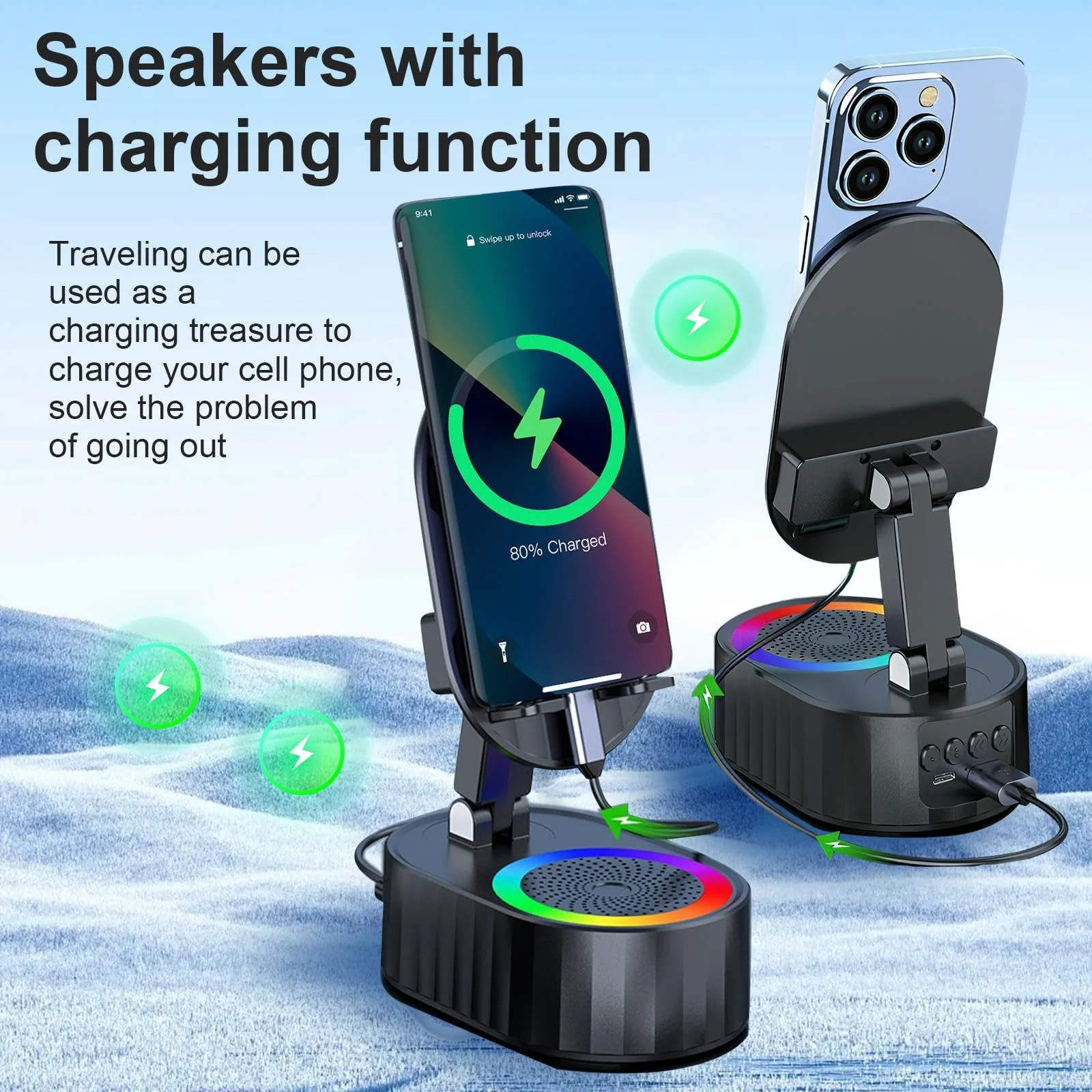 Wireless Induction Audio Bluetooth Speaker 5in1 Phone Holder Emergency Rechargeable (3000mAh) with Colorful Ambient Light 300° Foldable for Tablet iPhone Android, Gifts for Men Women (Black) Black - Image 4