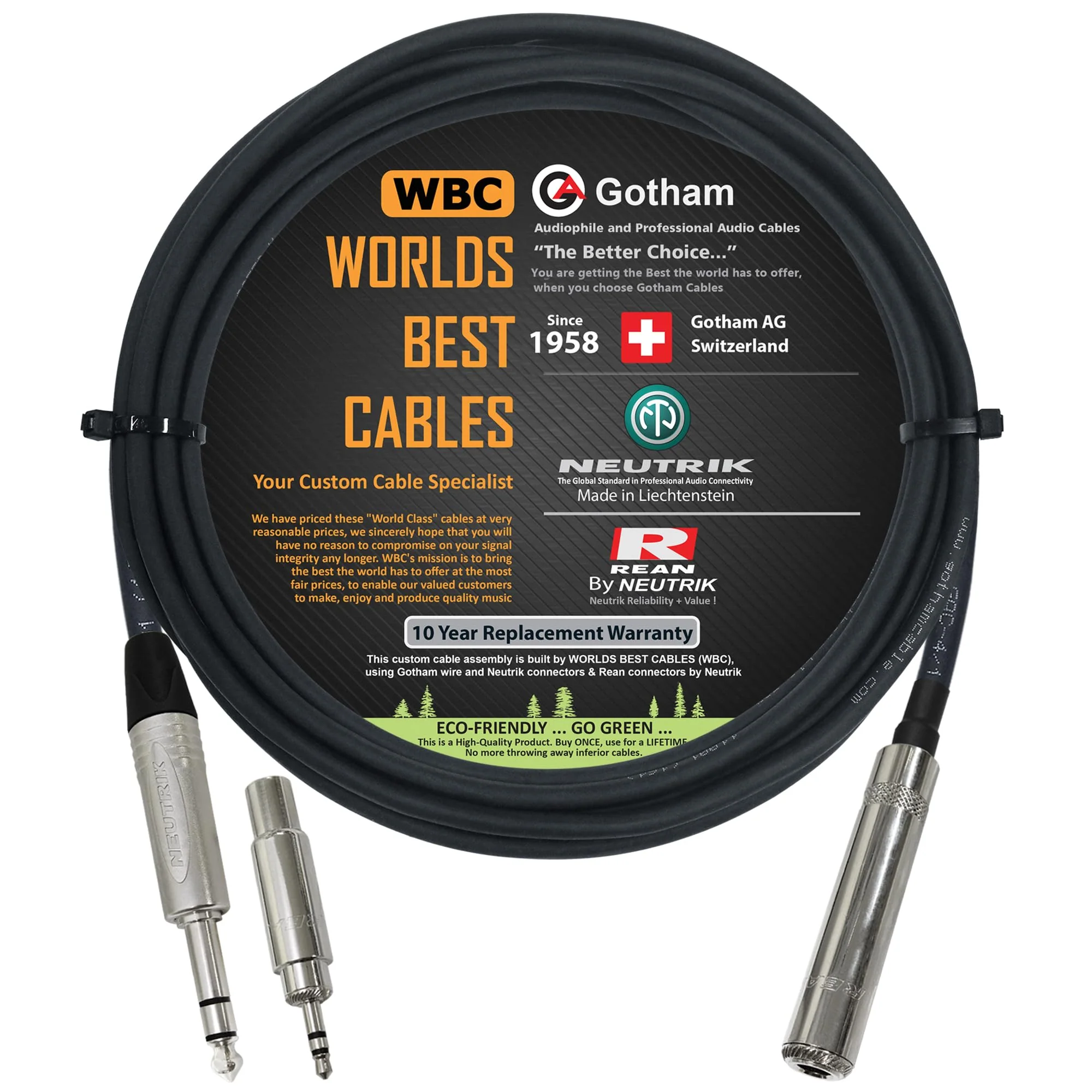 WORLDS BEST CABLES 10 Foot - Gotham GAC-4/1 Star-Quad Stereo Headphone Extension Cable & Neutrik TRS Plug to Neutrik-Rean ¼ inch 3-Pole Jack + 3.5 mm Plug to ¼ inch Jack Adapter - Custom Made