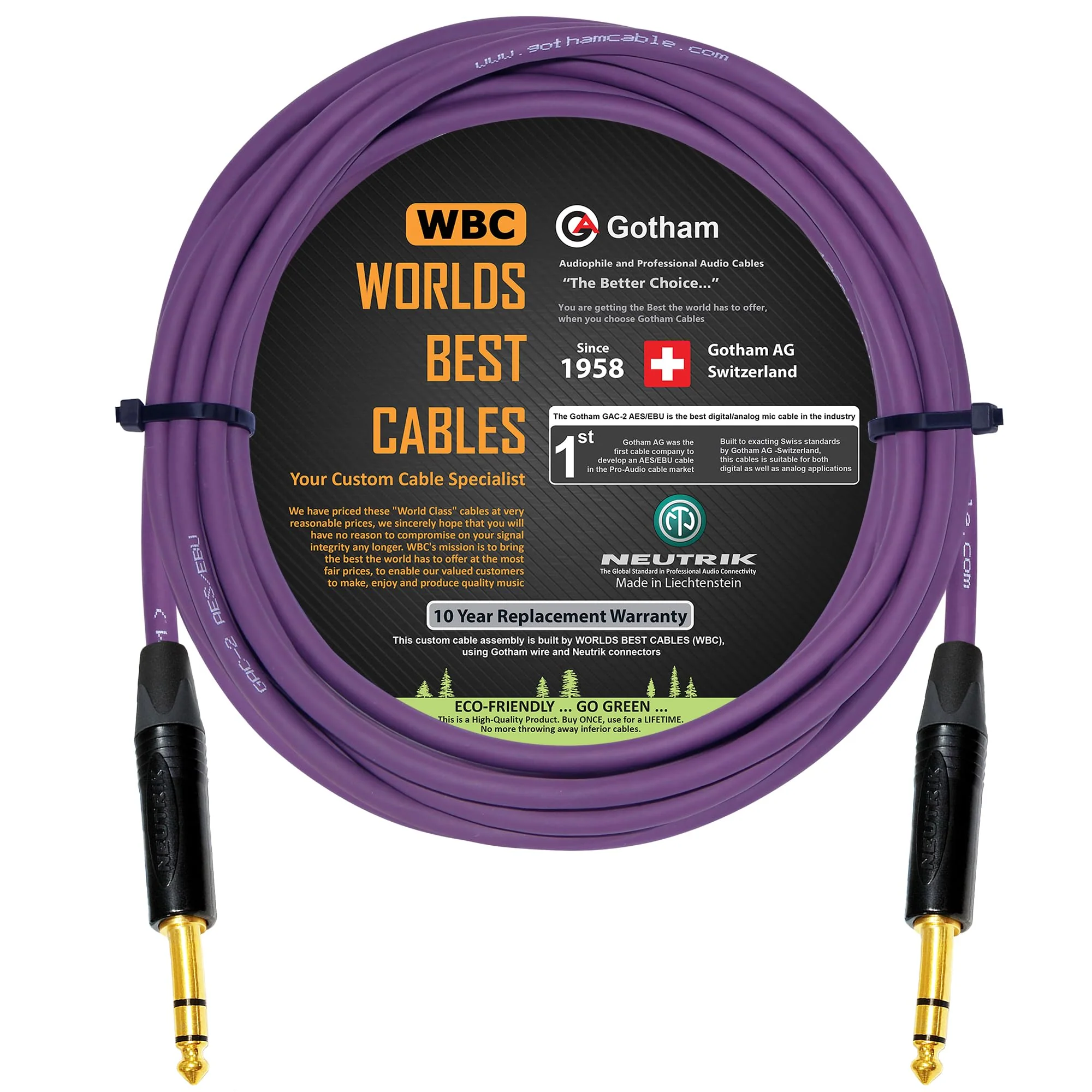 WORLDS BEST CABLES 20 Foot - Gotham GAC-2 AES/EBU (Purple) – Low-Loss, 2xCore 2xShielded Balanced Digital & Analog Audio Cable w/Neutrik NP3X-B ¼ Inch (6.35mm) TRS Plugs - Custom Made