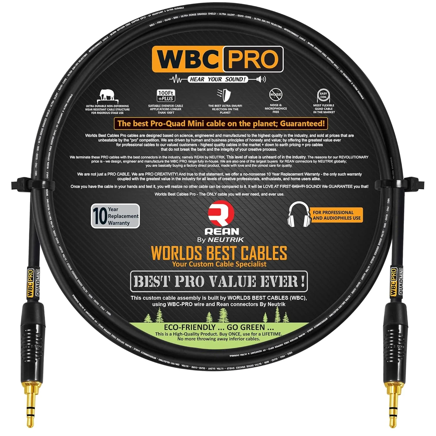 WORLDS BEST CABLES 3 Foot - Quad Balanced Connecting Cable CUSTOM MADE using Mogami 2893 wire and Neutrik-Rean NYS231BG 3.5mm Gold Mini TRS Plugs