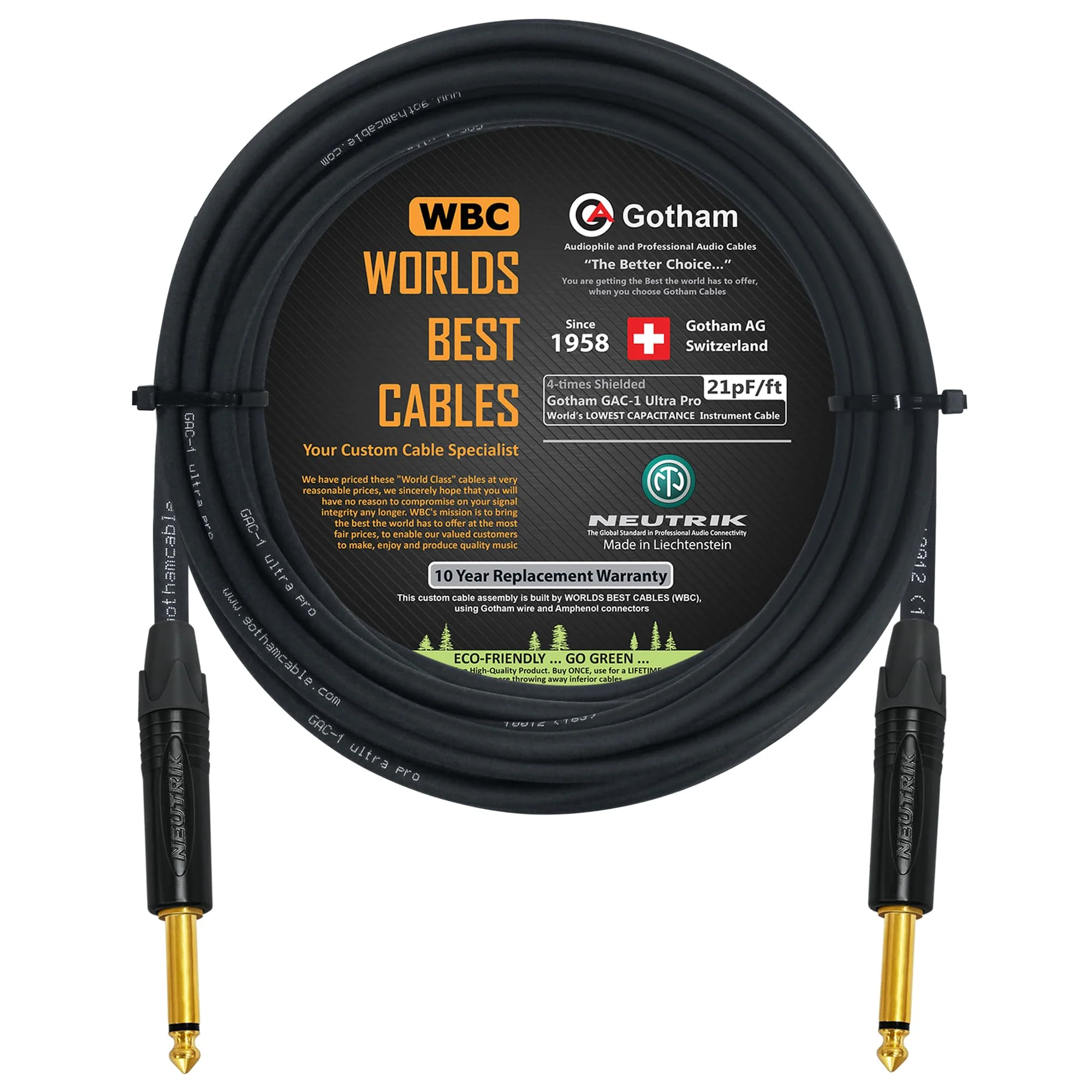 WORLDS BEST CABLES 40 Foot - Gotham GAC-1 Ultra Pro - Premium Low-Cap (21 pf/F) Guitar Bass Instrument Cable – w/Neutrik Gold Straight to Straight ¼ inch (6.35mm) TS Connectors - Custom Made