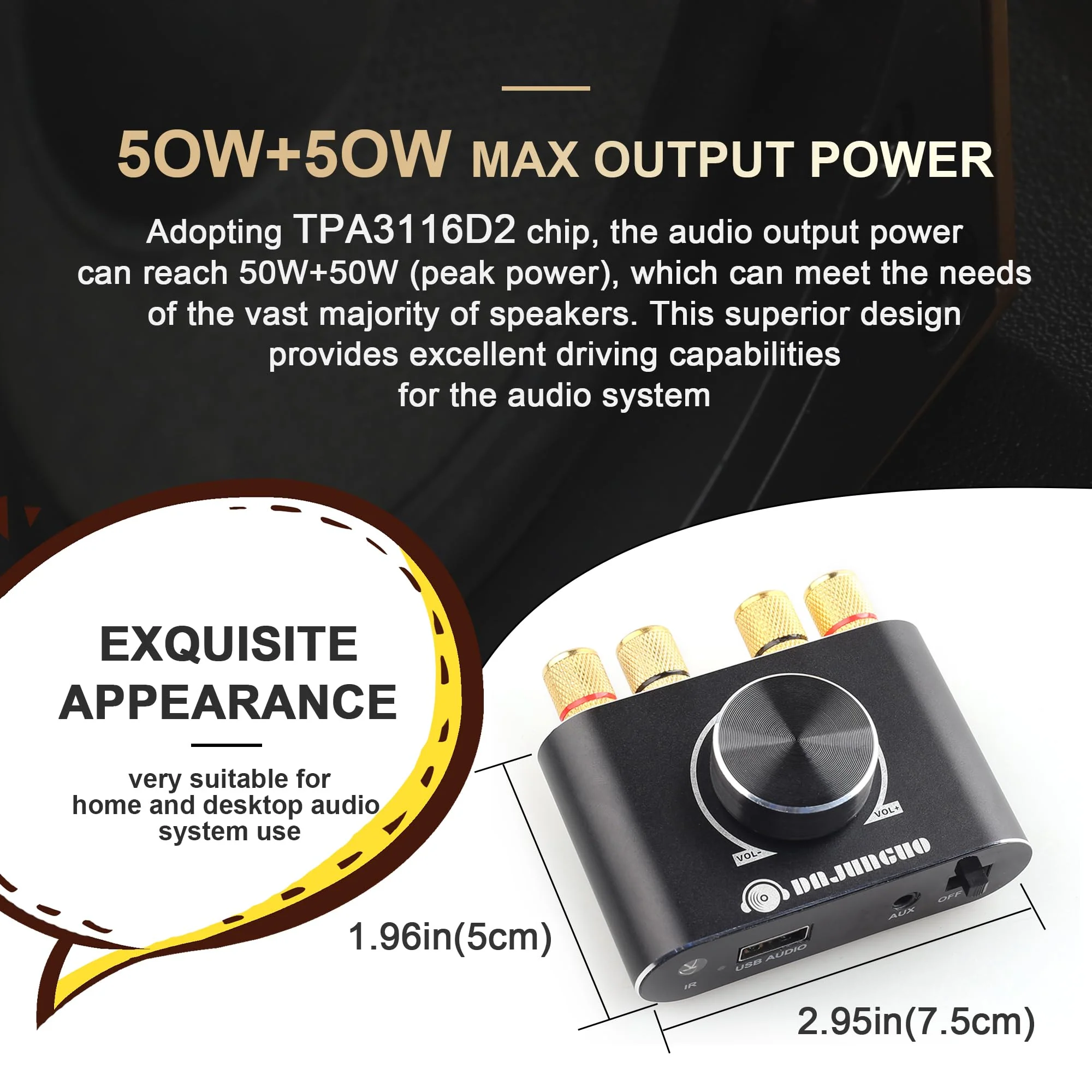 X50H Bluetooth Amplifier 50W+50W Power Output with Remote Control, 2.0 stereo Bluetooth amplifier, Using TPA3116D2 HiFi Amplifier Chip, (includes a 19V4.74A DC power adapter) X50H(50W+50W) - Image 3