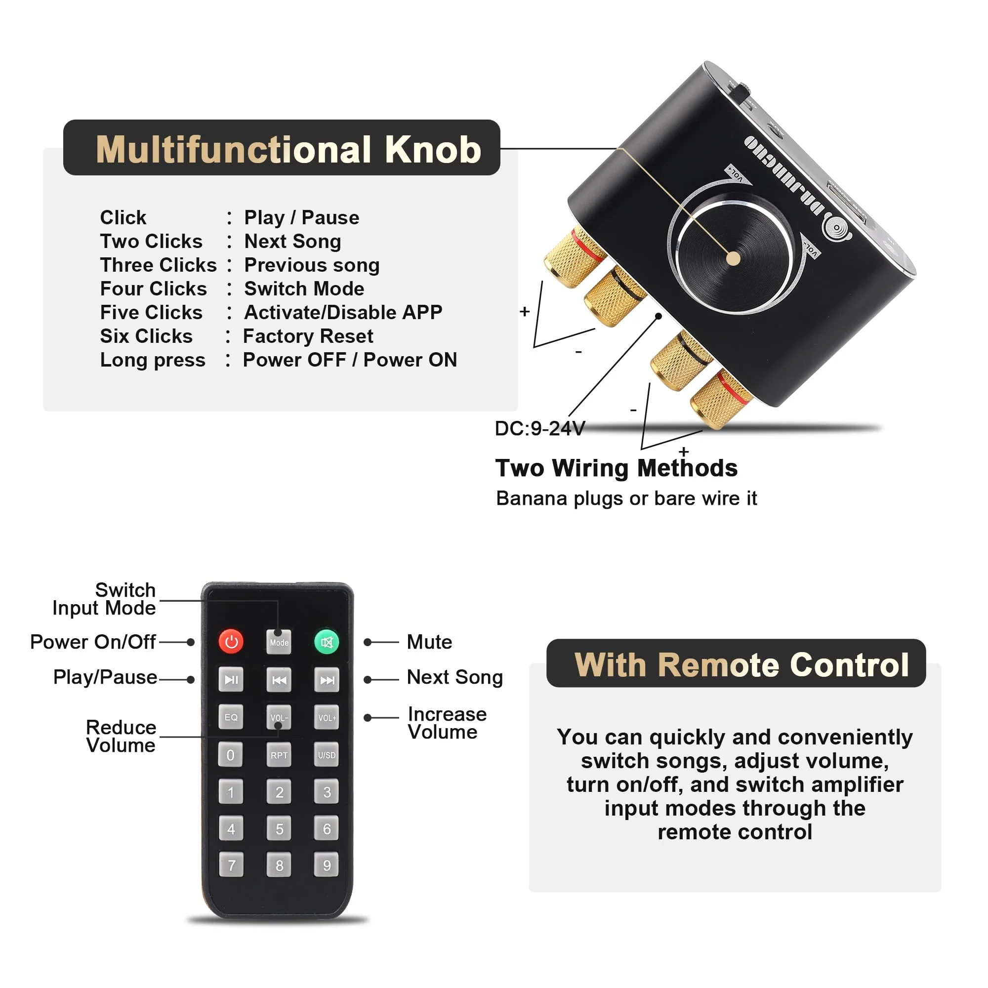 X50H Bluetooth Amplifier 50W+50W Power Output with Remote Control, 2.0 stereo Bluetooth amplifier, Using TPA3116D2 HiFi Amplifier Chip, (includes a 19V4.74A DC power adapter) X50H(50W+50W) - Image 4