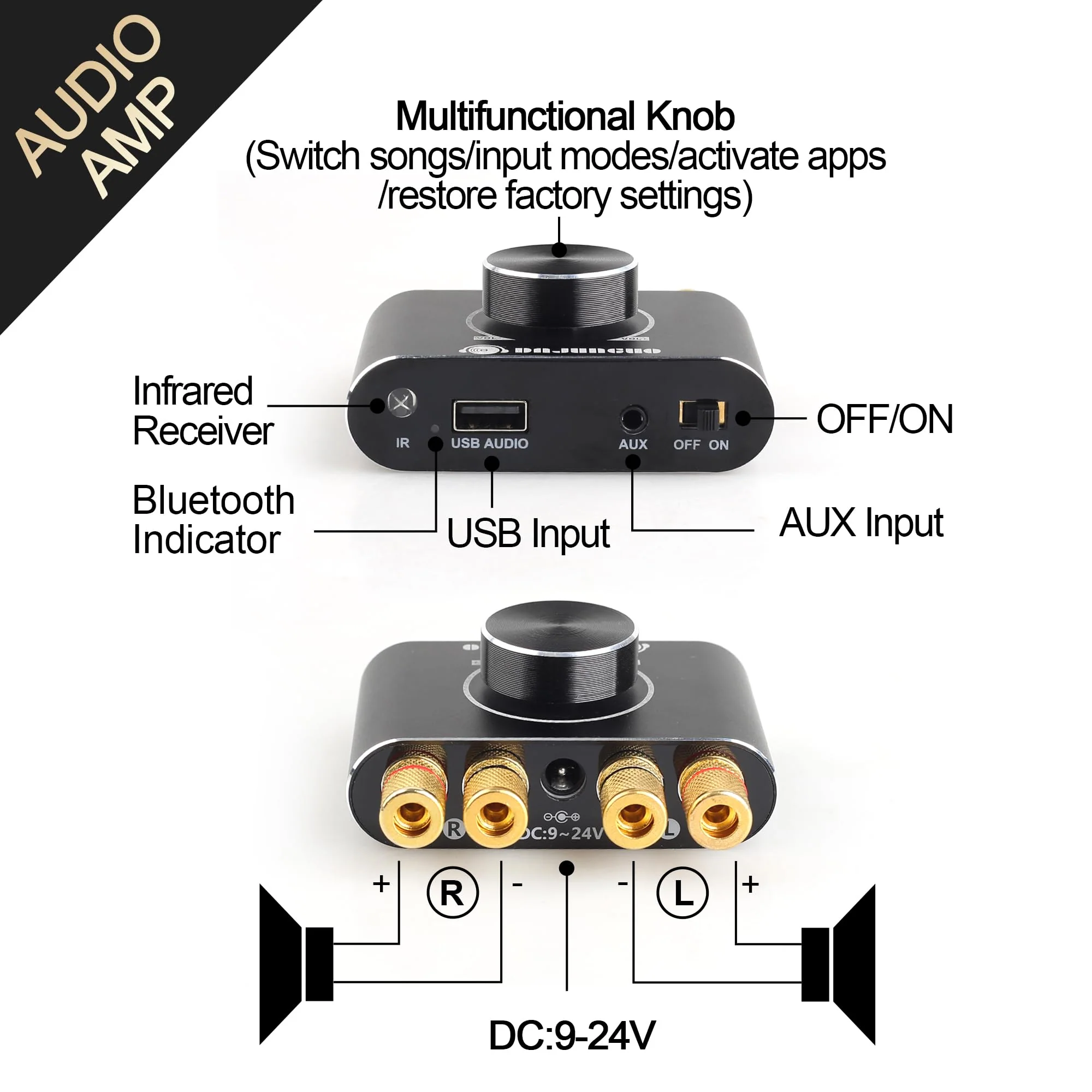 X50H Bluetooth Amplifier 50W+50W Power Output with Remote Control, 2.0 stereo Bluetooth amplifier, Using TPA3116D2 HiFi Amplifier Chip, (includes a 19V4.74A DC power adapter) X50H(50W+50W) - Image 6