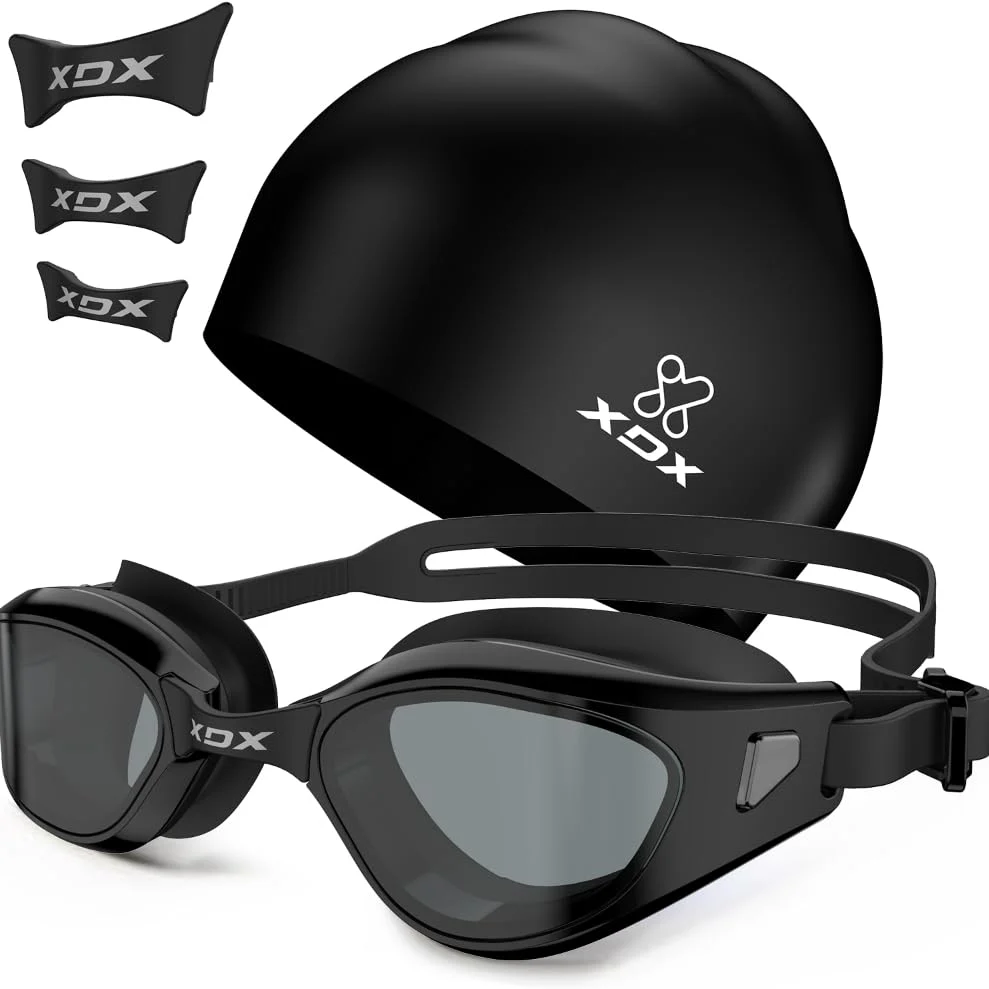 XDX Swim Goggles with Swim Cap Anti-Fog Pool Goggles with Detachable Lenses Swimming Goggles Cap Set for Youth Men Women A3(smoke Gray+swim Cap)