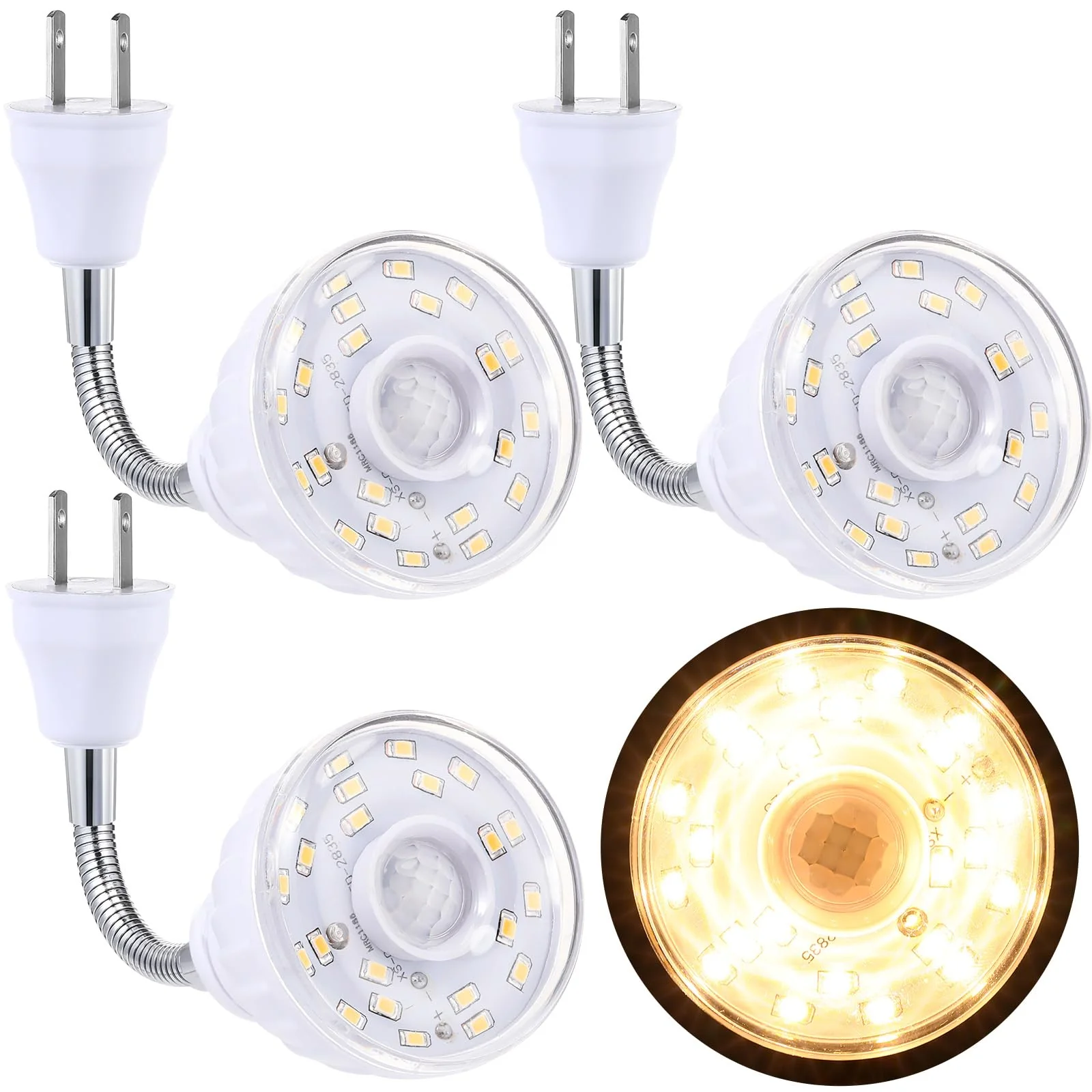 Yahenda 3 Pack Motion Activated LED Night Light Plug in Smart Dusk Dawn Sensor Light PIR Infrared Sensor Motion Detector Lamp Flexible Rotating for Hallway Stairway Garage Basement(Warm White) Warm White