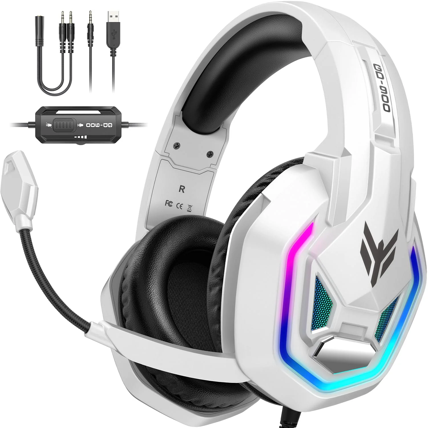 YPBDAN Gaming Headset for PS5, PS4, Xbox Series X|S, Xbox One, PC, Switch, Mac - RGB Over-Ear Headphones with 7.1 Surround Sound, Noise Cancelling Mic, 50mm Drivers & Memory Earmuffs for Nintendo 64 White