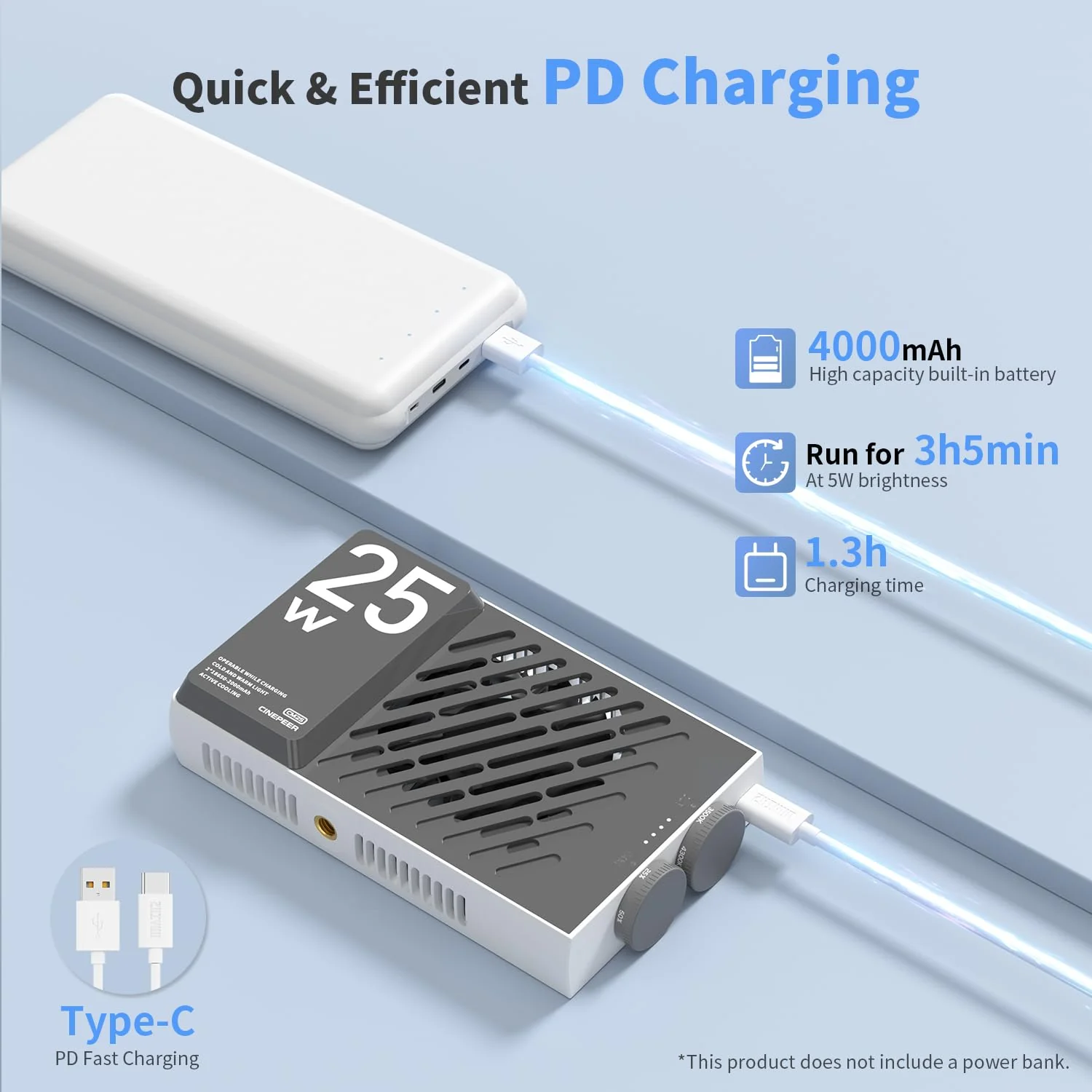 ZHIYUN CINEPEER CM25 25W LED Video Light, Pocket-Sized Mini Portable Photography Light on Camera, Dimmable 2700K-6200K•CRI≥96•TLCI≥97,Built-in 2*2000mAh Rechargeable Batteries, PD Charging/Vlog/Photo Black - Image 5